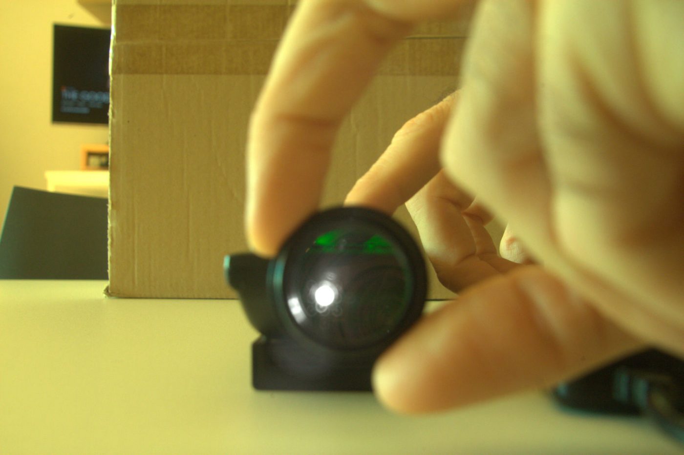 IR-emitting diode shining in the FOV of a full-spectrum modified DSLR and through a green dichroic filter