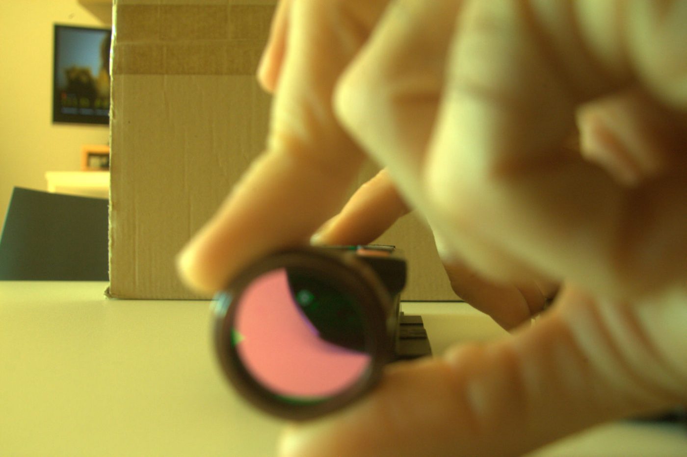 IR-emitting diode shining in the FOV of a full-spectrum modified DSLR and through a green interferential filter