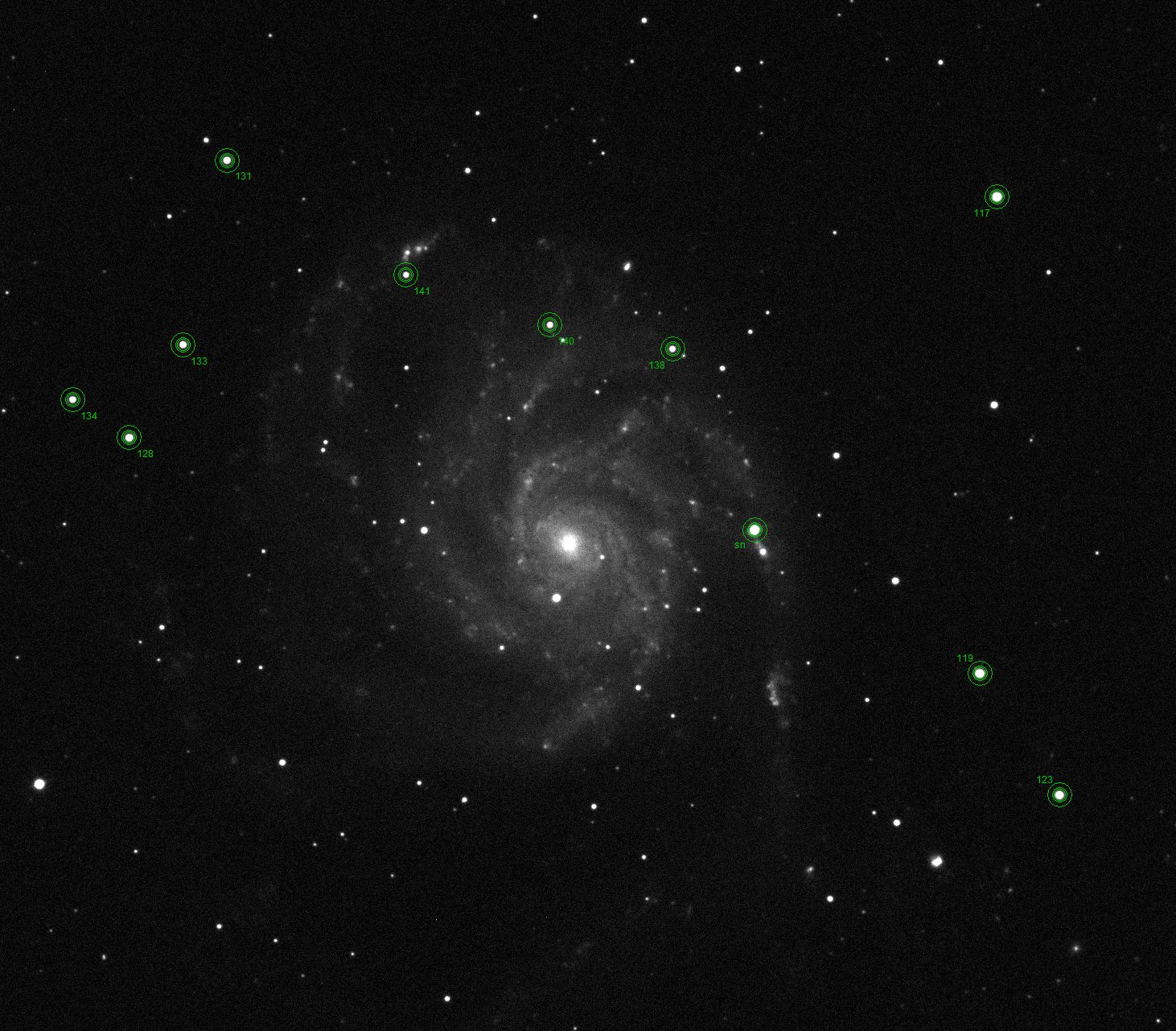 Calibrated 5-minute exposure of M101 with reference stars tagged